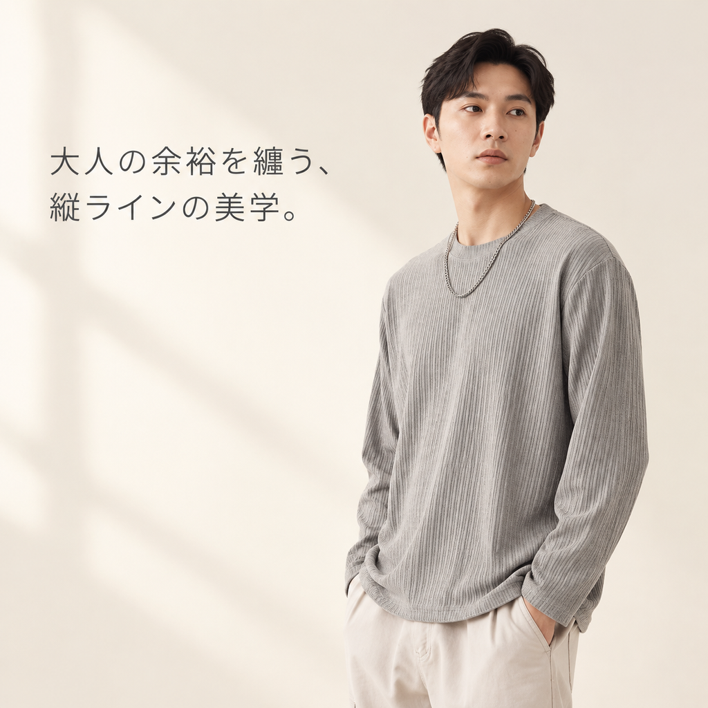 メンズ春秋用日本風縦ストライプ長袖Tシャツ