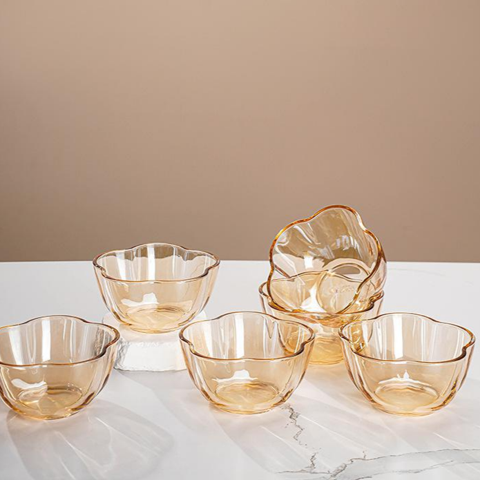 Kristallklare, stilvolle Glas-Schale mit Pflaumenblüten- und Bernstein-Design