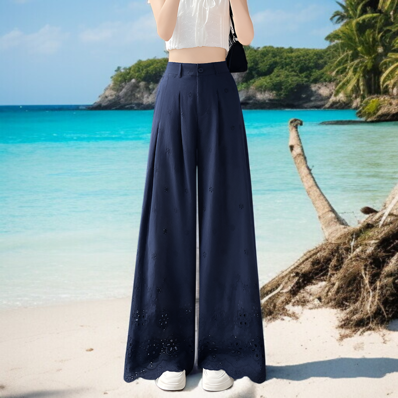 夏用中空ワイドレッグパンツ、フックフラワーワイドレッグパンツ、レディース2025新作、ハイウエストパンツ、スリムドレープレースパンツ、カジュアルストレートパンツ