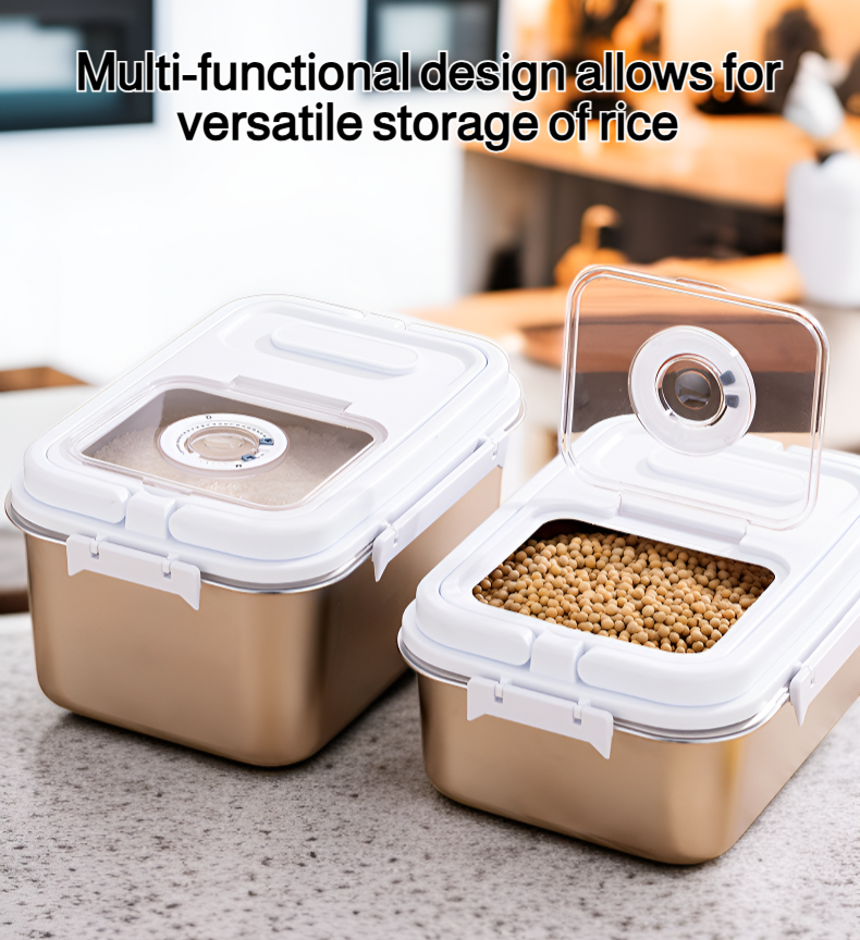 Stainless steel thickened airtight rice bucket close-up view