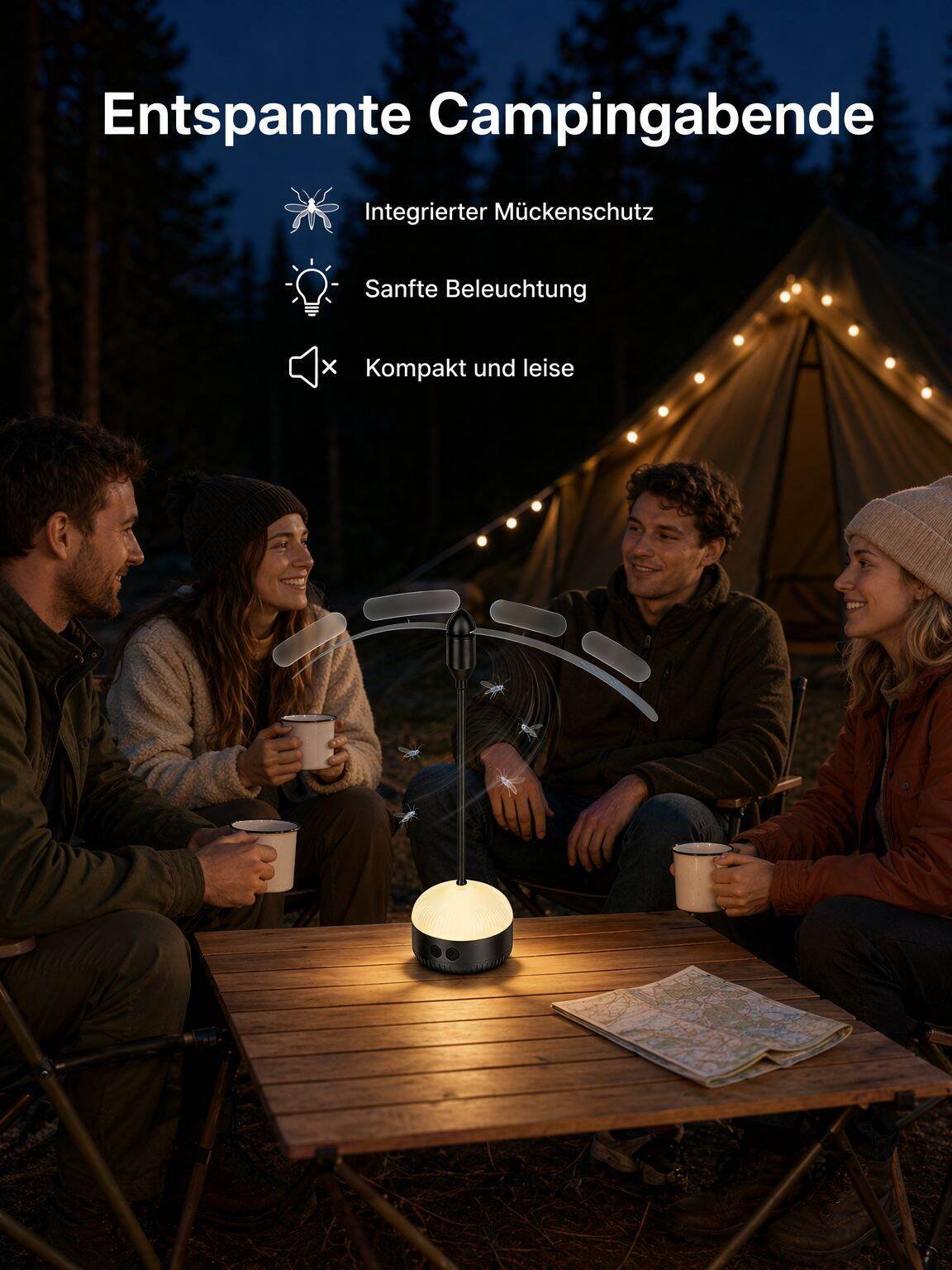 Mückenabweisender Ventilator mit Licht, zum Aufhängen geeignet, multifunktionales, tragbares Nachtli