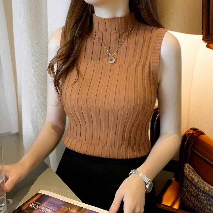 夏新作レトロハイネックスリムフィットニットトップス（女性用、ノースリーブ、万能ベースレイヤーベスト）