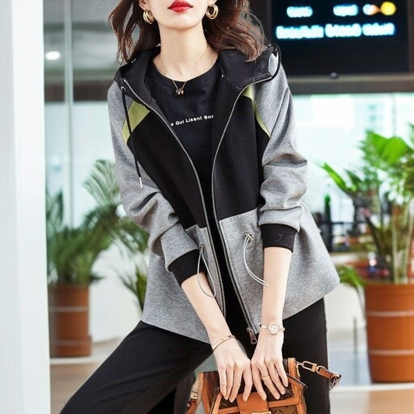 今年人気のレディースジャケット春秋新色マッチング怠惰なフード付きジッパー韓国風ウエスト緩いスウェットシャツ
