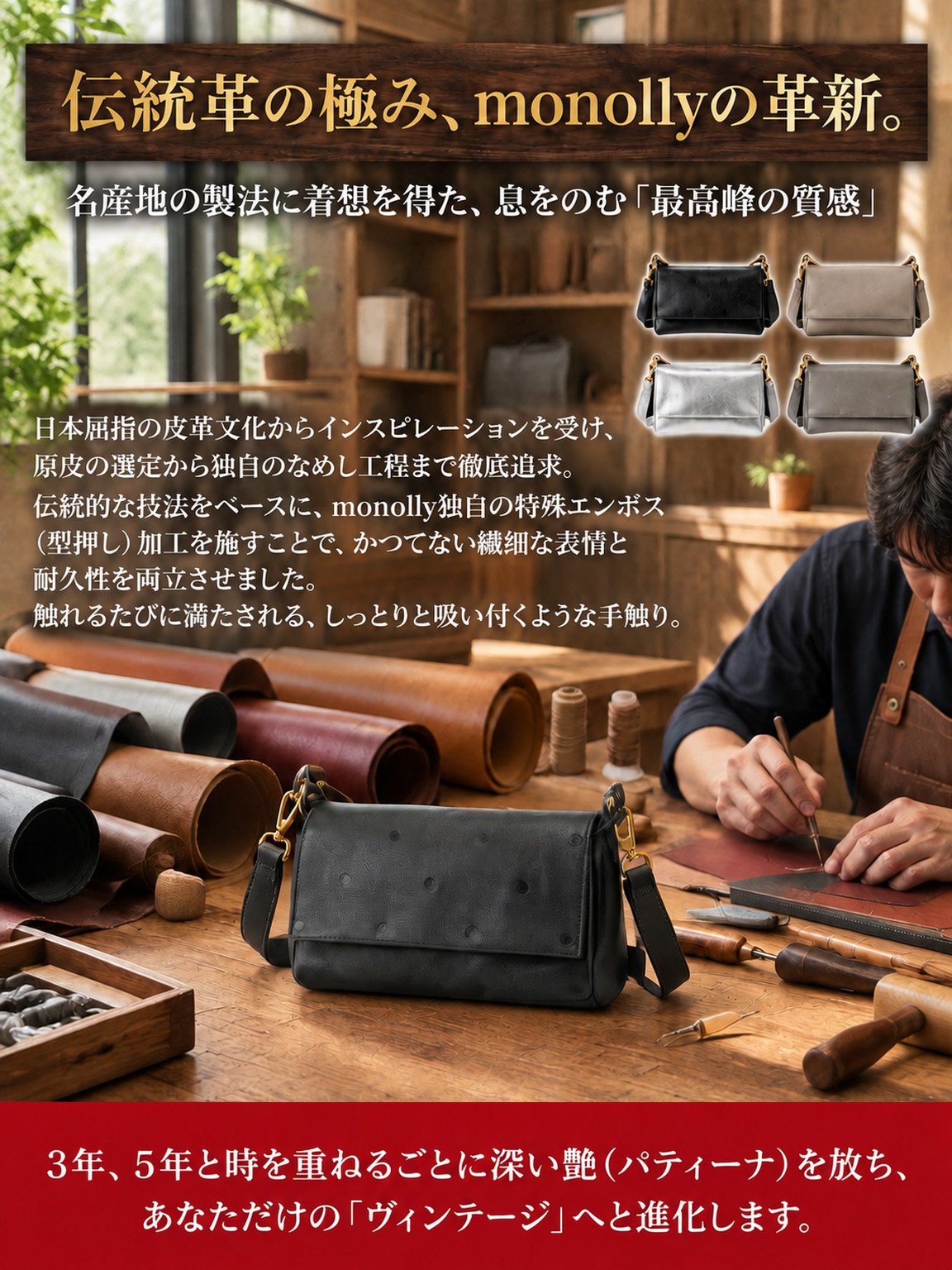 【SNSで話題沸騰】Monolly レザーショルダーバッグ | 持つだけでこなれ感漂う高見えデザイン