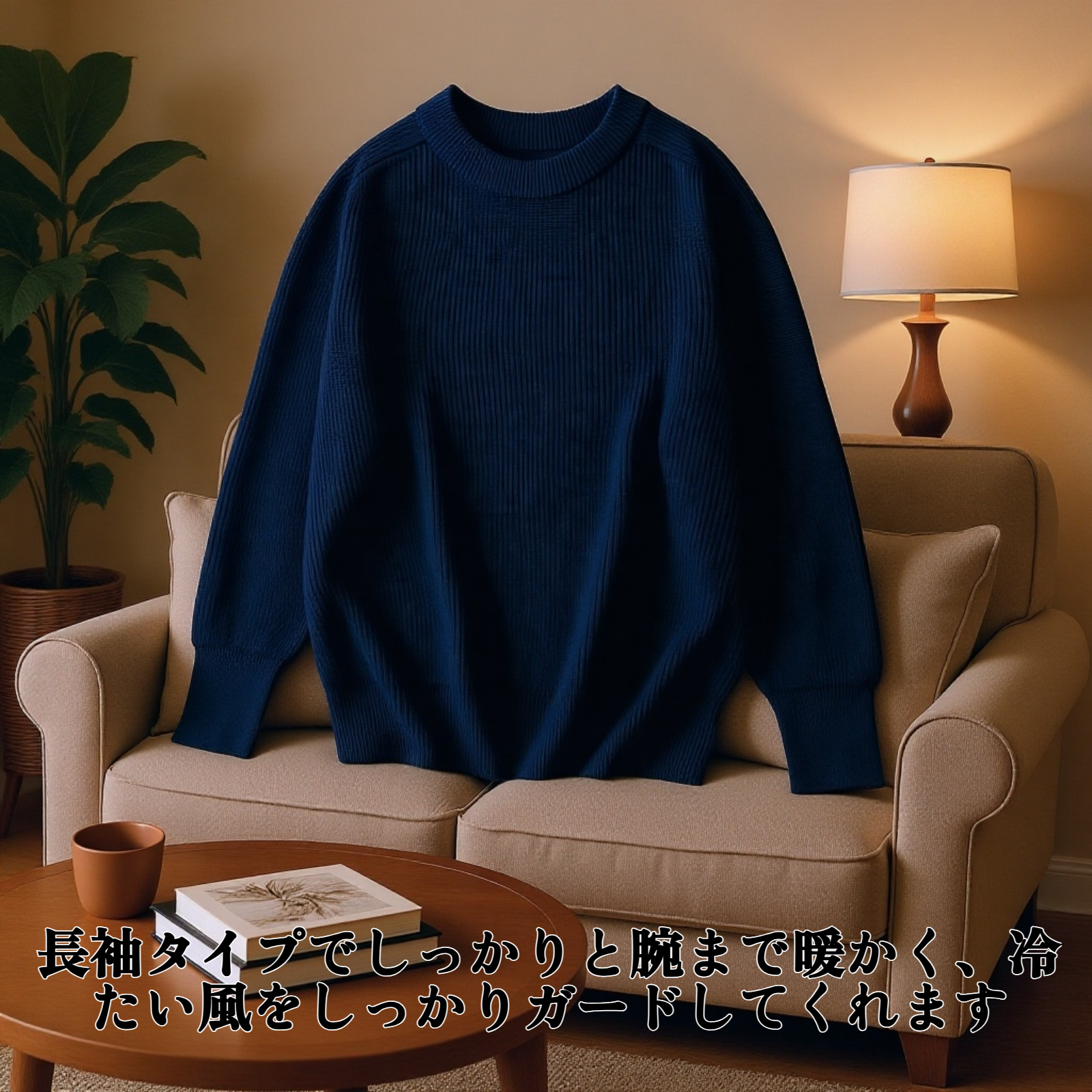 厚手無地長袖ニットセーター着用イメージ