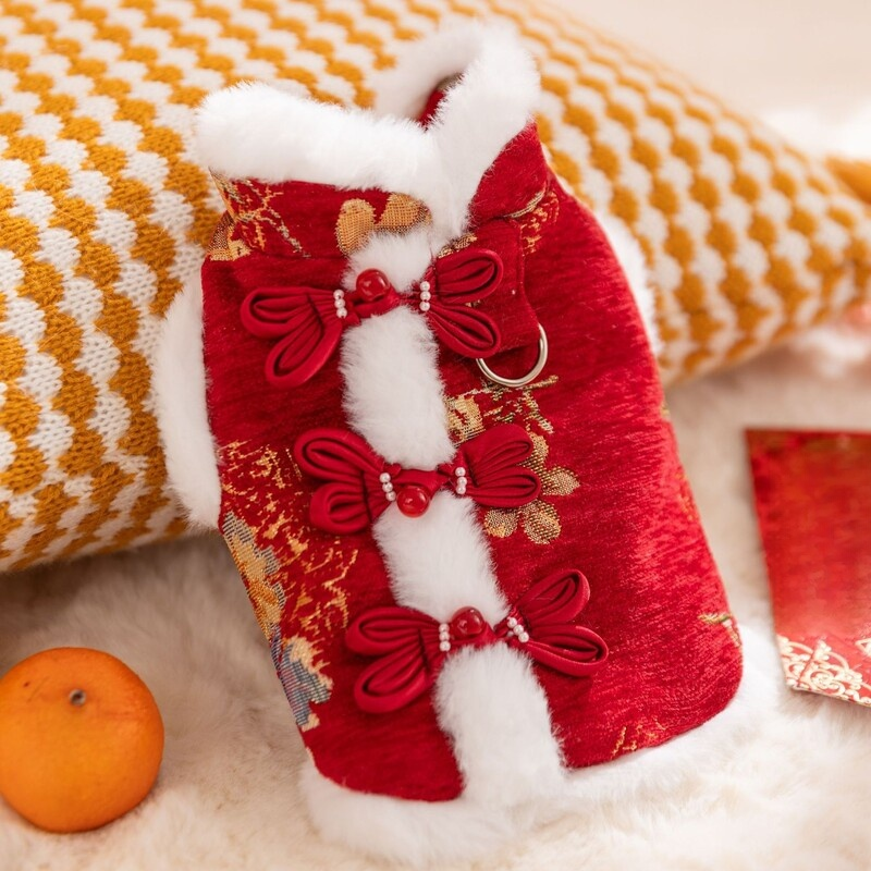 ชุดตรุษจีนสำหรับสุนัขและแมวตัวเล็ก เสื้อกันหนาวผ้าฝ้ายหนา