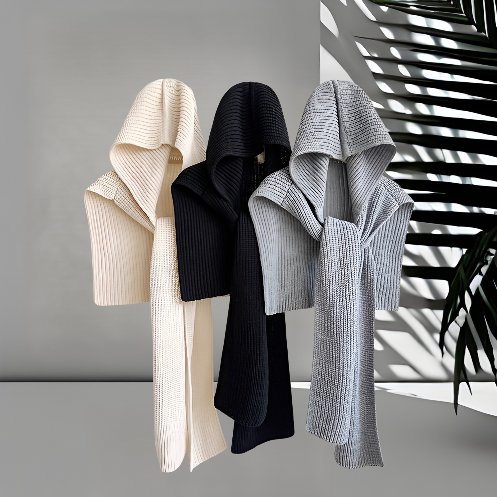 條紋針織連帽披肩 女秋冬新款 保暖圍巾帽 體外搭 護頸圍脖