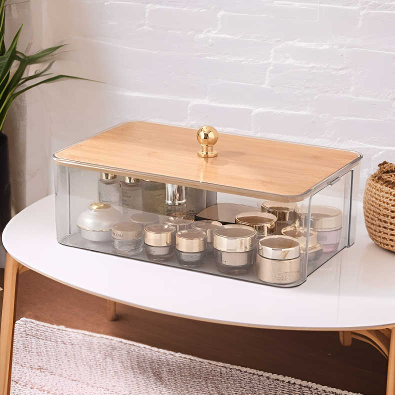 竹製透明收納盒帶蓋，臥室客廳桌面收納防塵