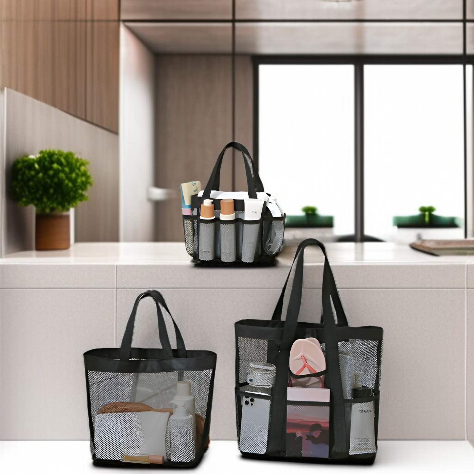 Strandtasche im neuen Stil, große Kapazität, Aufbewahrungstasche aus Netzgewebe für Reiseutensilien,