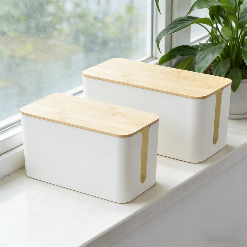 กล่องจัดระเบียบสายไฟฝาไม้ไผ่ สำหรับวางบนโต๊ะ