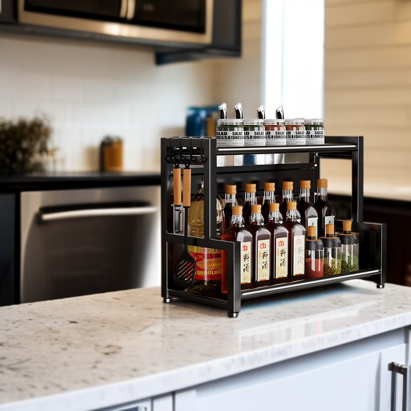  多機能キッチン収納ラック ステンレス製 調味料収納用 ブラック