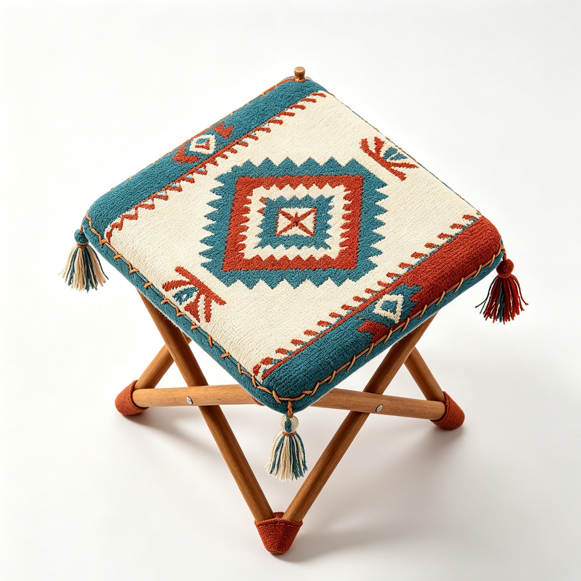 Folding stool with vibrant lush pattern and decorative tassels
