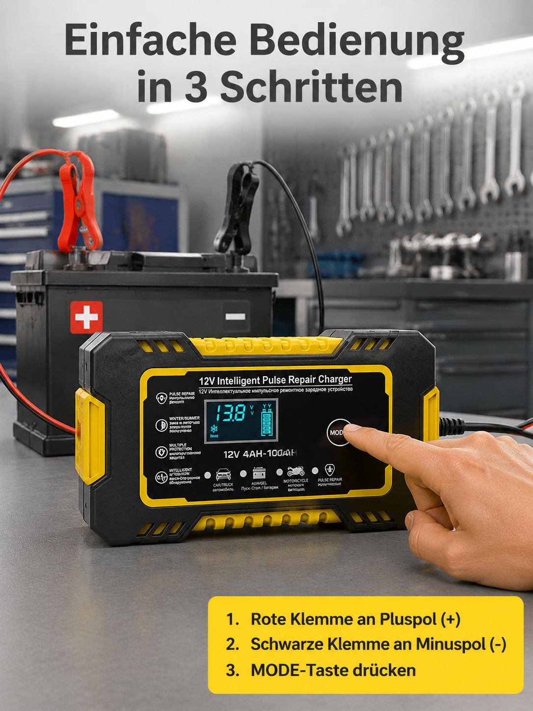 Robustes und kompaktes Autobatterieladegerät