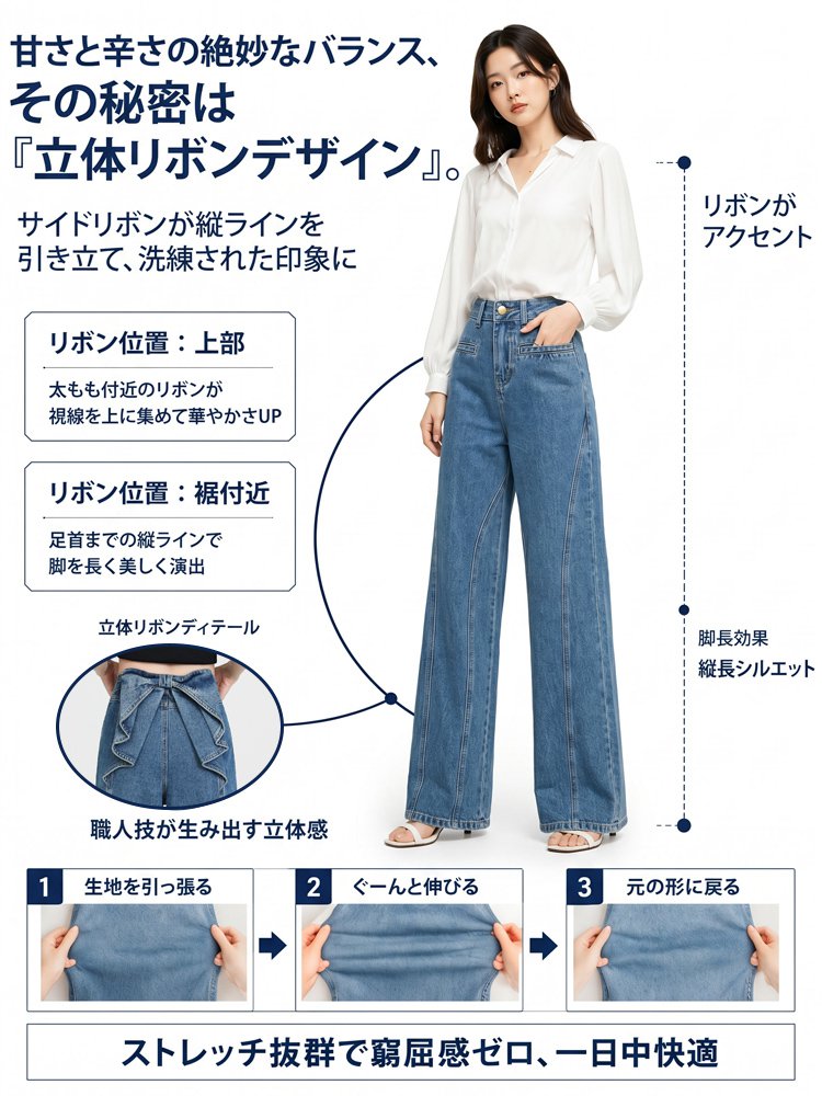 レディースウエストリボンワイドデニムパンツ 