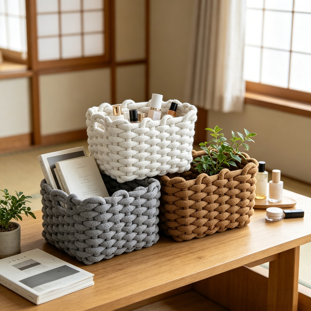 Panier de rangement en coton tressé style japonais pour bureau