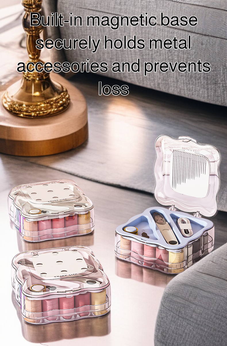 Portable double-layer magnetic sewing box for organized storage