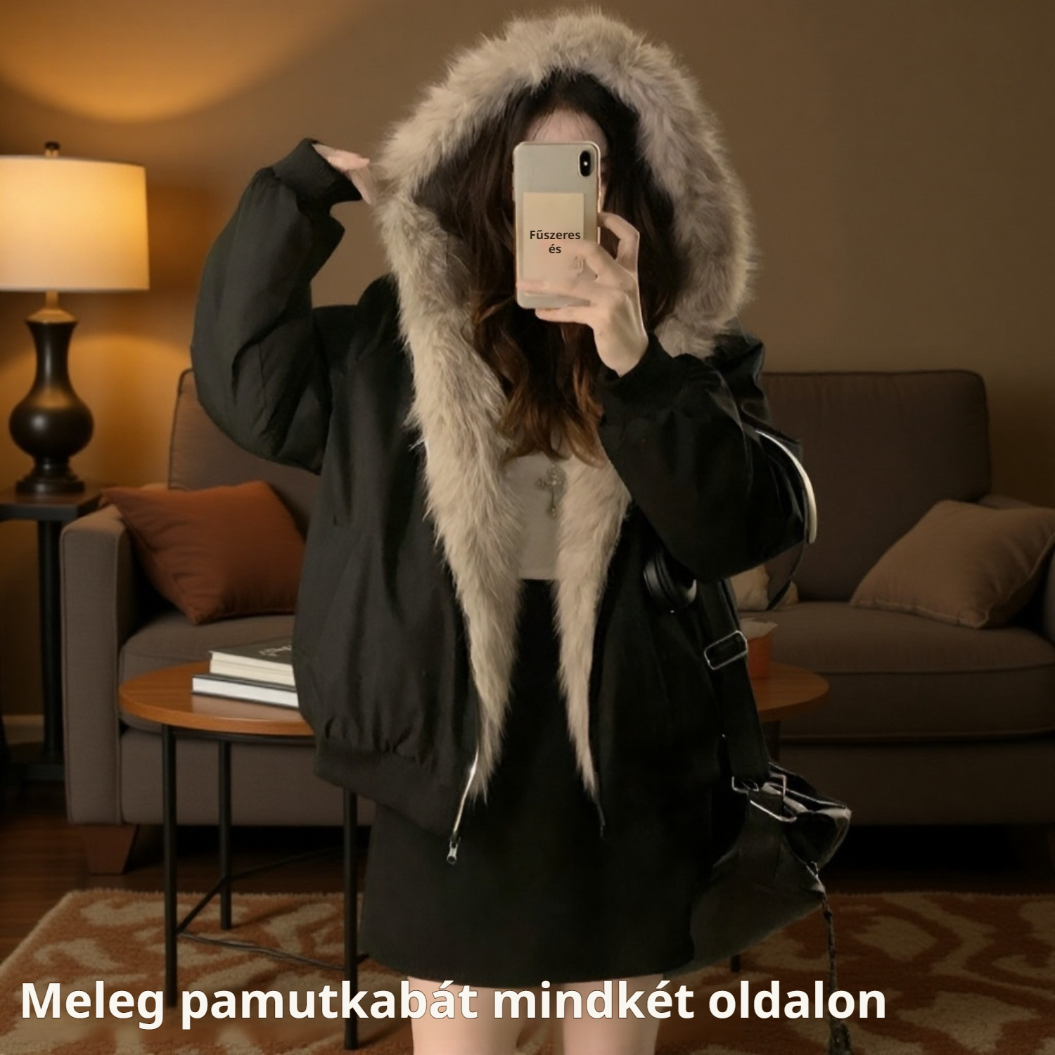 Amerikai utcai stílusú bélelt kabát, szőrmebéléses rövid női télikabát kapucnival