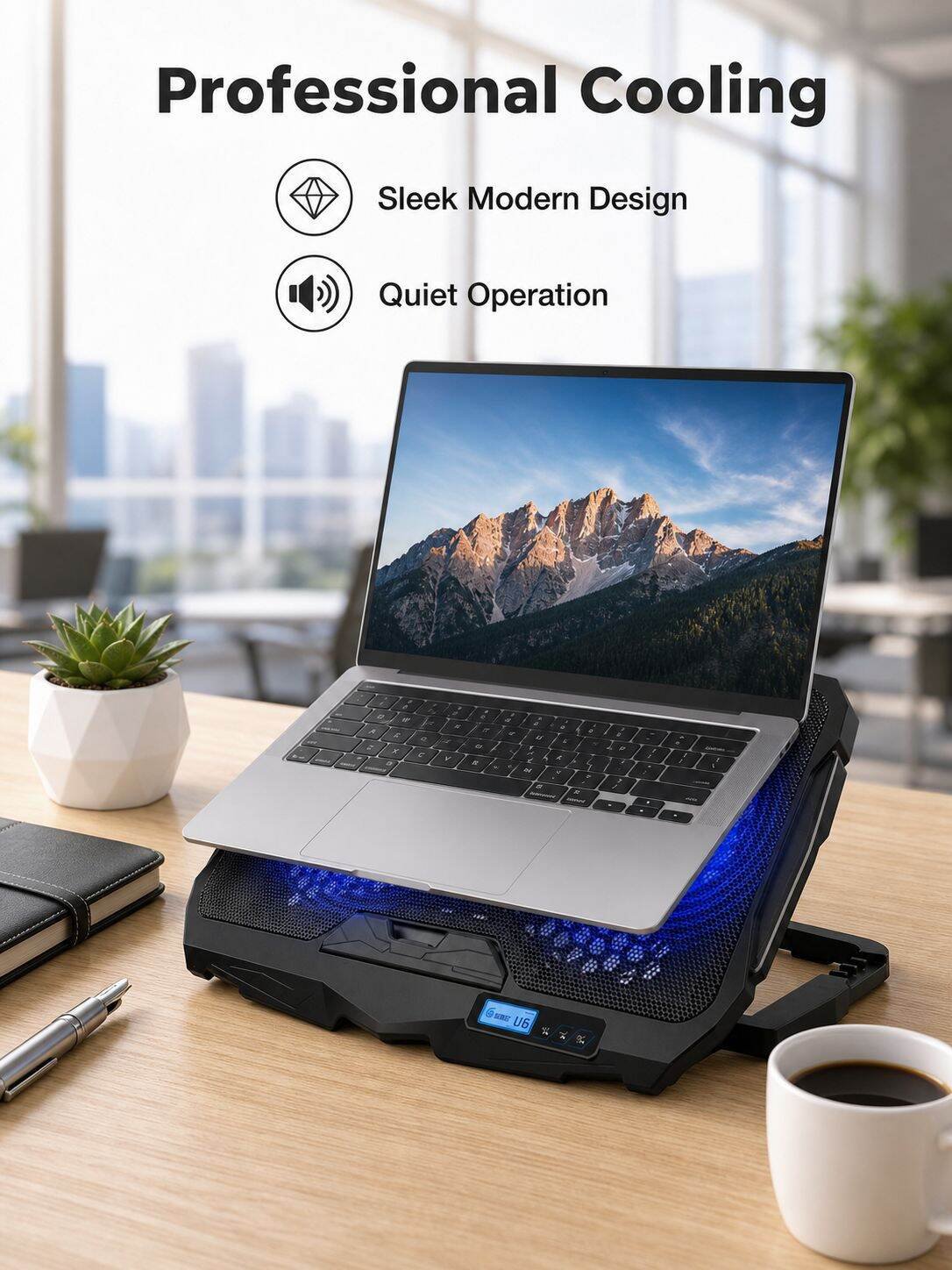 Laptop Cooler with Touch LCD Screen, Efficient Heat Dissipation, Frosted Nonslip, Adjustable Speed