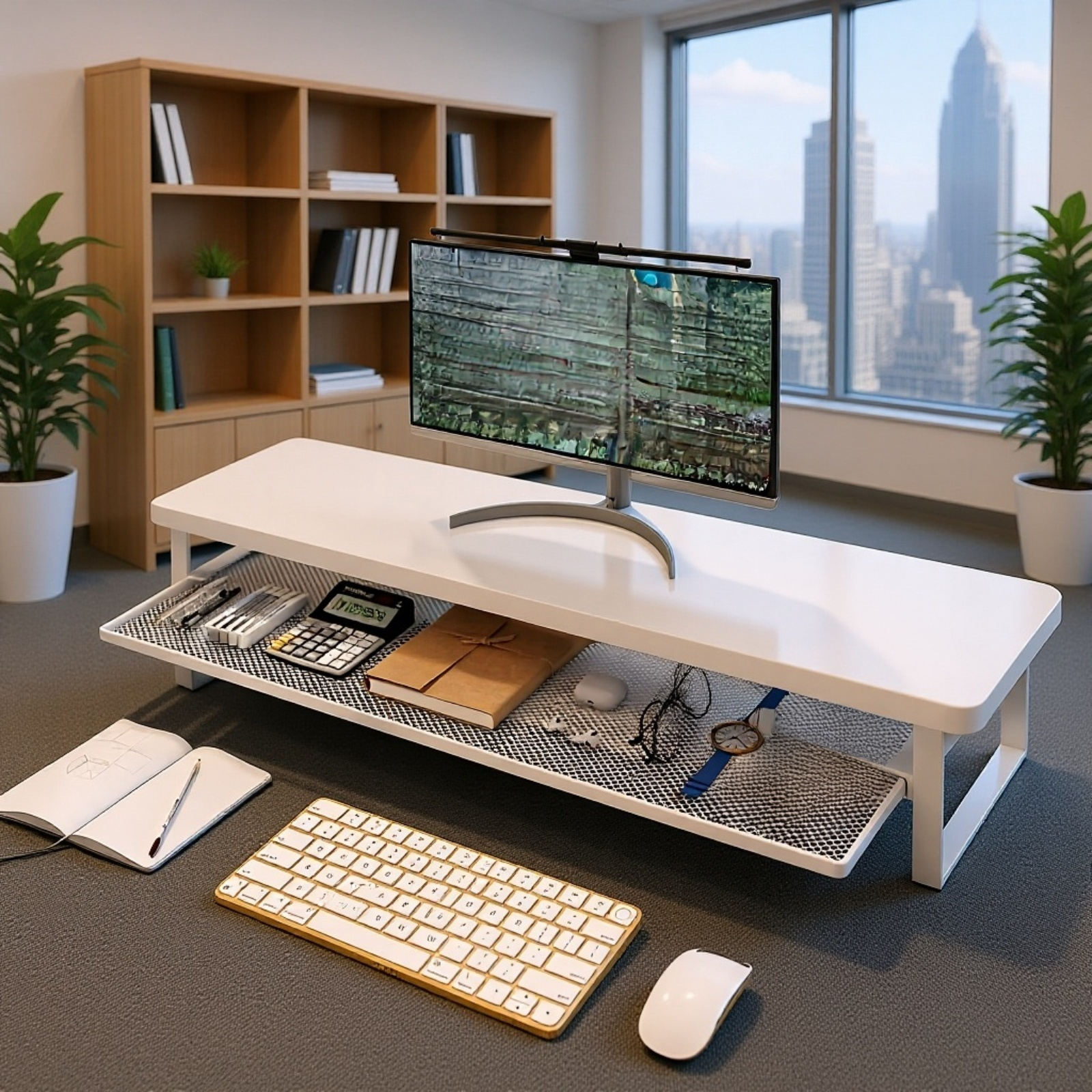 Double Layer Monitor Stand organizing office supplies