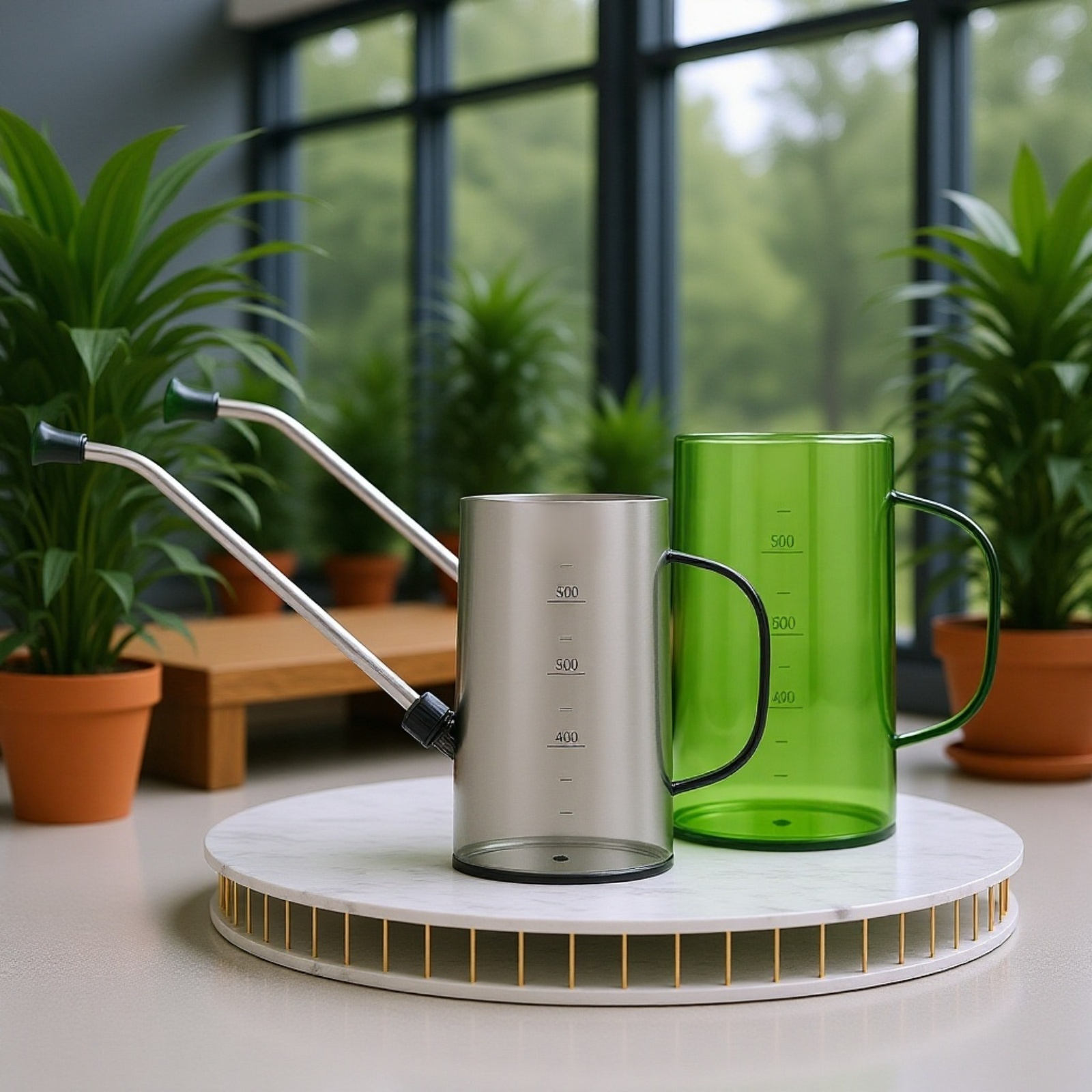 Nerezová konvička na zalévání s dlouhým hrdlem, průhledná s měřítkem, pro domácí zahradničení