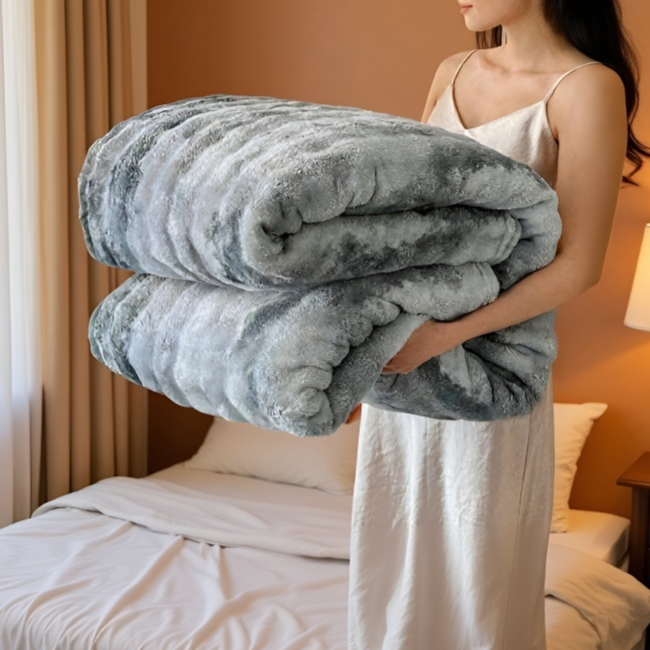 침대 위에 펼쳐진 토끼털 담요