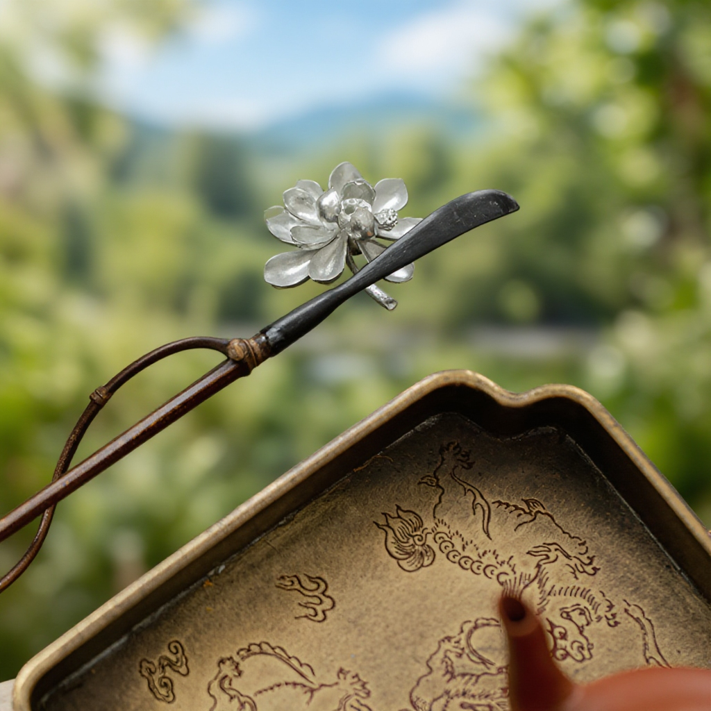 책상 위에 놓인 메탈 미니 연꽃 선향 베이스