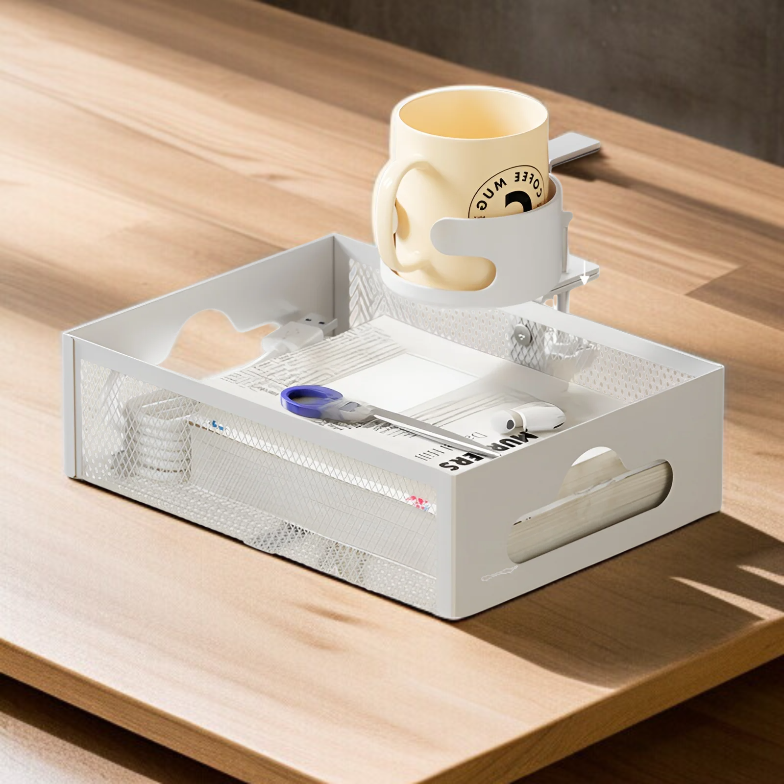 デスク下ケーブル管理ラック、ドリル不要のメッシュバスケットケーブルオーガナイザー、電源タップホルダー、デスク下ケーブル管理カップホルダー