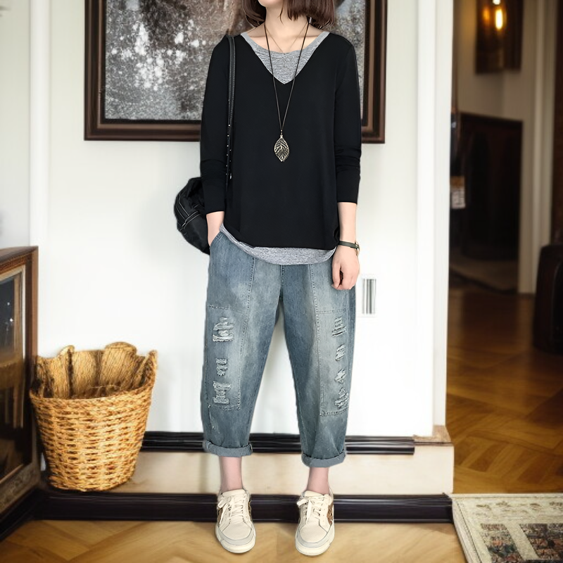 レディース秋長袖Tシャツ、秋パッチワークフェイクツーピースセット、新韓国スタイルカジュアルシックトップス、Tシャツベースレイヤー