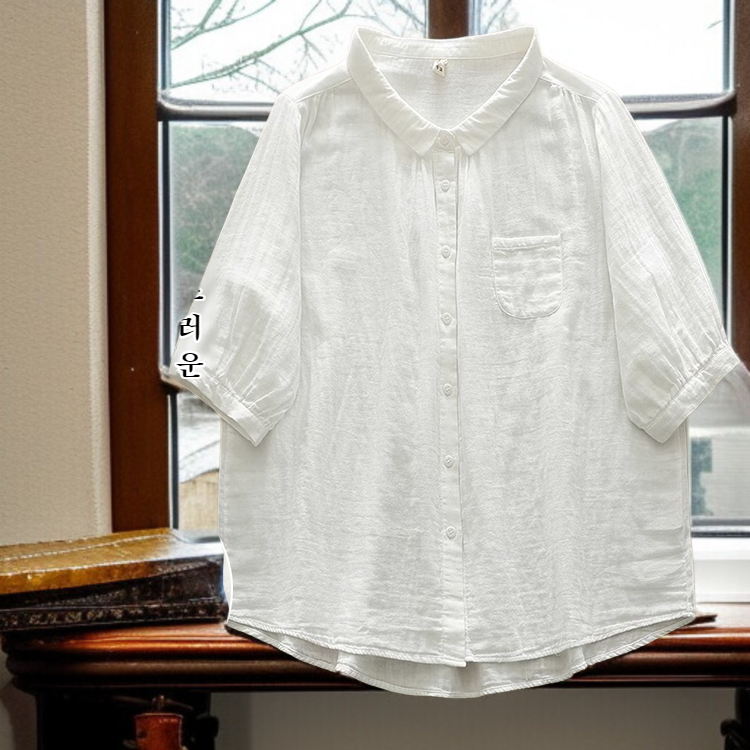 여성스러운 반팔 셔츠 문예 루즈핏 상의 이중 면사 솔리드 셔츠