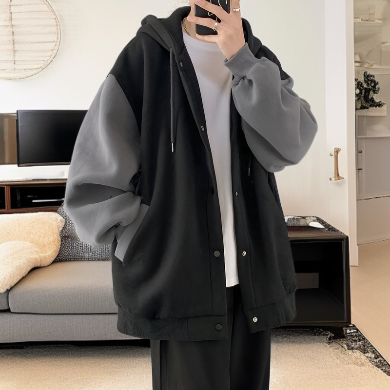 香港スタイルの秋と冬の男性用カジュアルカーディガンジャケット、ベルベットと厚みのあるトレンディなスプライシングスウェットシャツ、ルーズフード付きスウェットシャツ、カップル着用