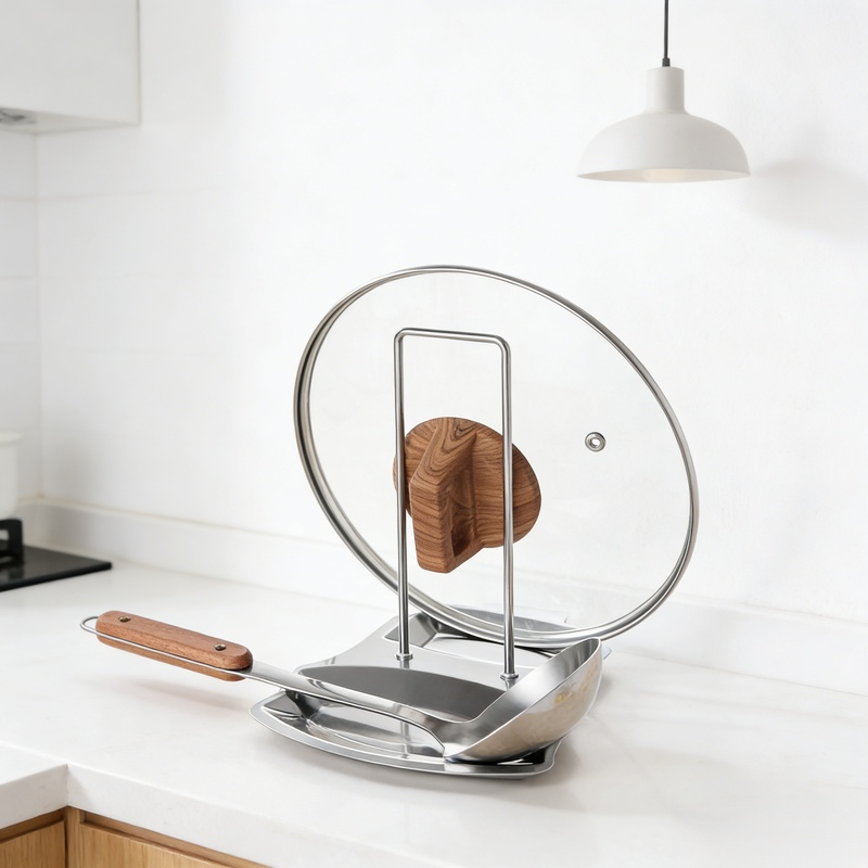 廚房免打孔不銹鋼鍋蓋勺架收納置物架帶沥水盤