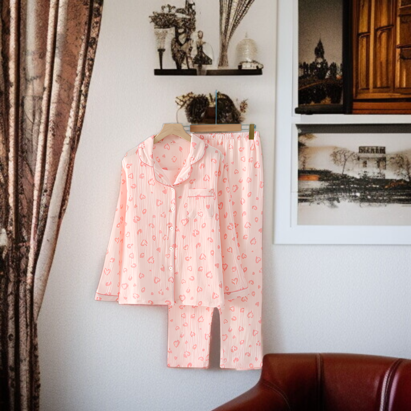 R-秋冬パジャマ純綿クレープレディース長袖ラペルカーディガン小爽やか春秋レディースシアサッカーホームウェアツーピースセット