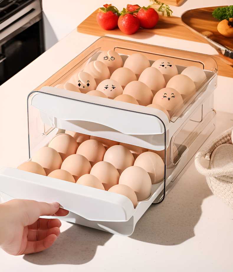계란이 안전하게 보관된 이중 서랍형 계란 상자