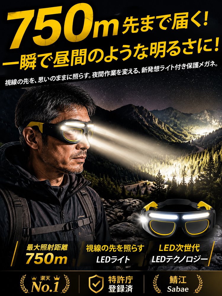 【鯖江新作】多機能ライト付き保護メガネ