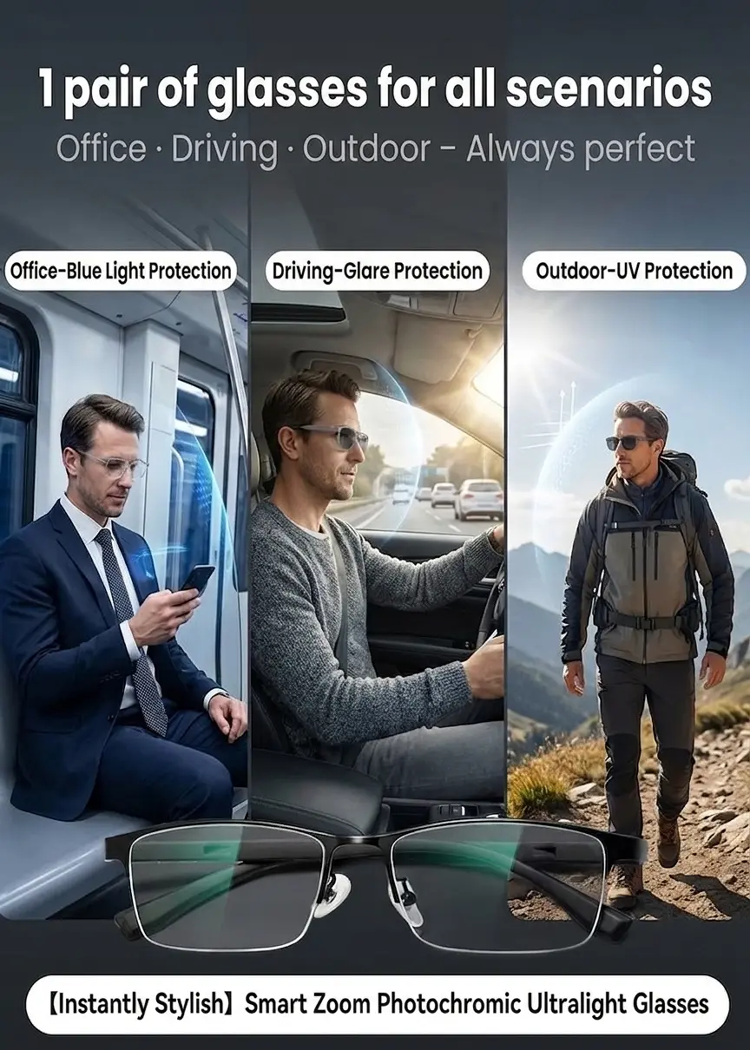 【Instant Transformation into a Stylish Man】Smart Zoom, Photochromic, Ultra-Light Glasses
