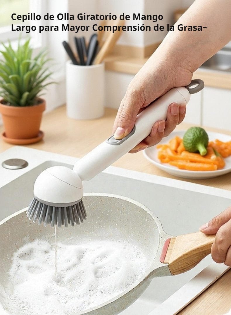 Cepillo de limpieza rotatorio y ajustable para sartenes en uso
