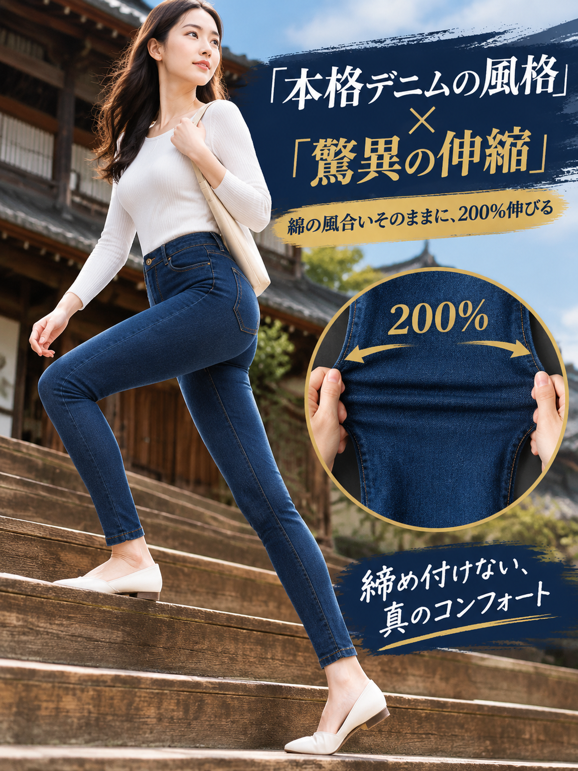 【360°ハイストレッチ×人間工学立体美脚】次世代美シルエット スキニーデニム｜骨格を選ばない感動の伸縮性・深履きハイウエスト・JIS伸縮復元率98.6%実証