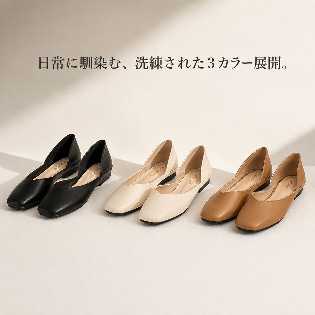 スクエアトゥ快適レディース新作フラットシューズ