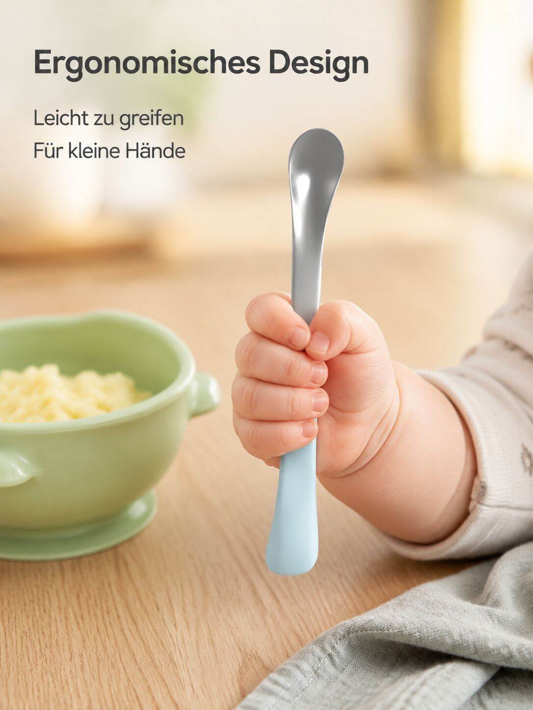 Baby-Löffel mit Silikonhülle, Edelstahl, für Beikost, mit weichen und harten Enden