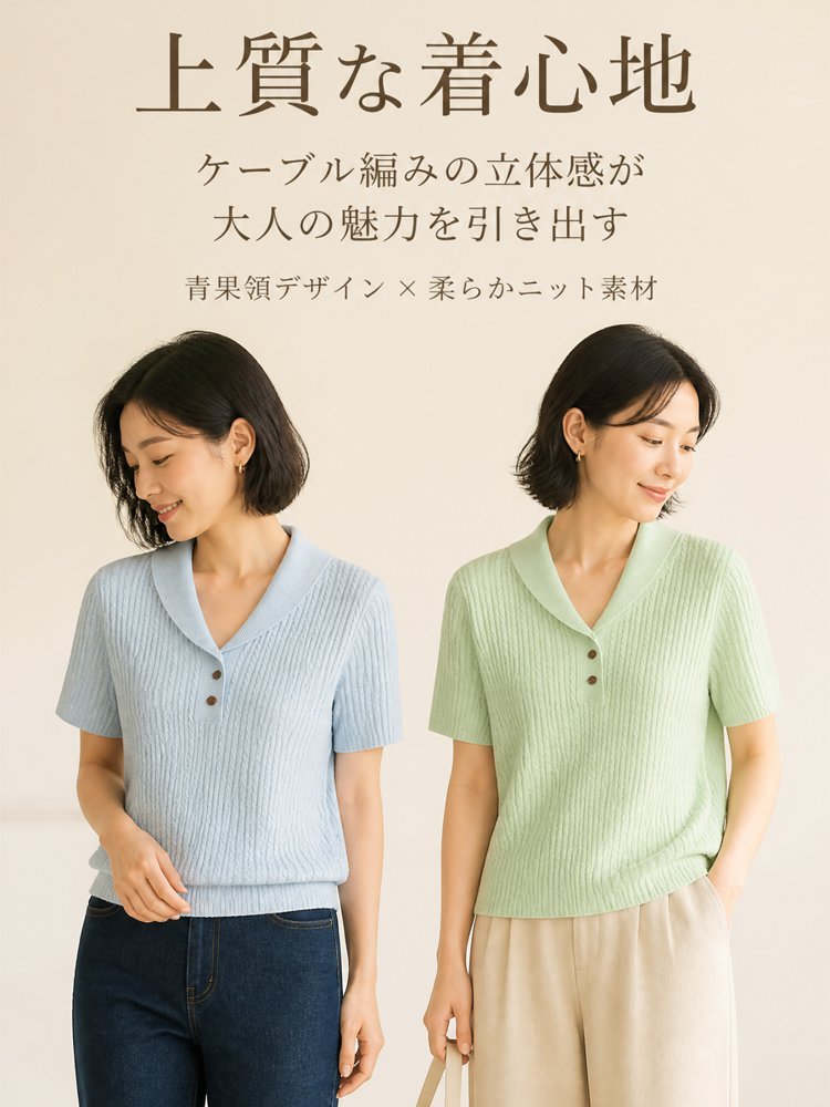 NEW！ショールカラー ケーブルニット 半袖セーター