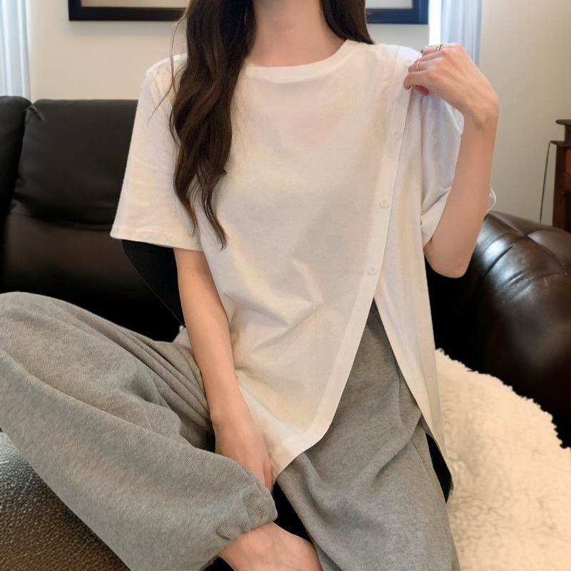 루즈핏 빅사이즈 여름 프렌치 순색 트임 미디엄 롱 여성 반팔 티셔츠