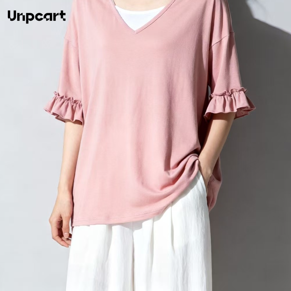 핑크색 V넥 러플 미드슬리브 탑
