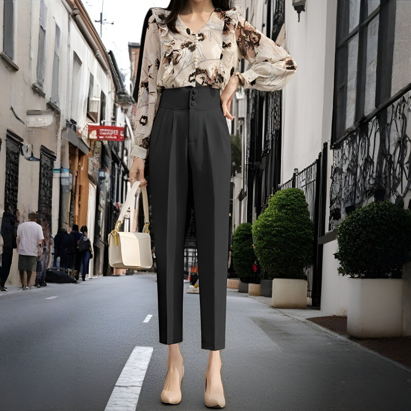 정장바지 여 슬림 배기팬츠 하이웨스트 봄 와이드 캐주얼 정장바지 9부 배기팬츠 작업복 여성