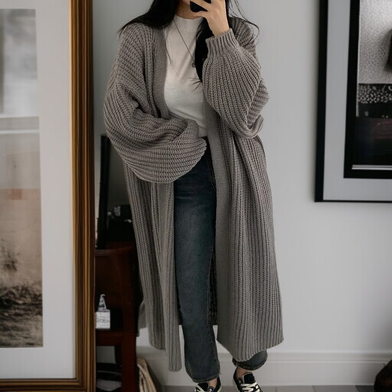 여성 루즈핏 날씬해 보이는 롱 니트 카디건 코트 벌룬 소매 니트 여 빈티지 나른한 니트