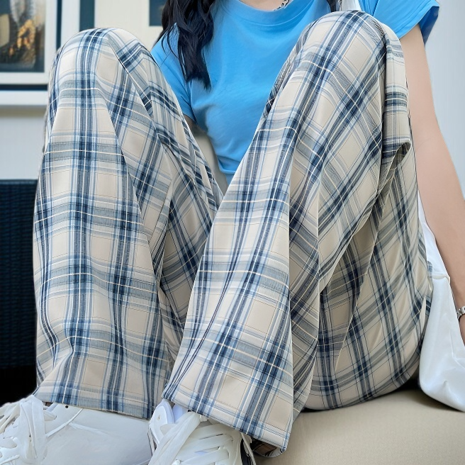 하이웨스트 체크 팬츠 캐주얼 바지 직통 옥외 행사 흡습 날씬해 보이는