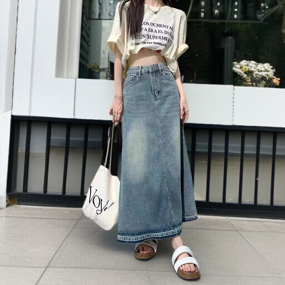여자 가을 퍼 트리밍 하이웨스트 날씬 롱스커트 여성 A라인 롱스커트 왕단 롱스커트 데님 스커트 세트