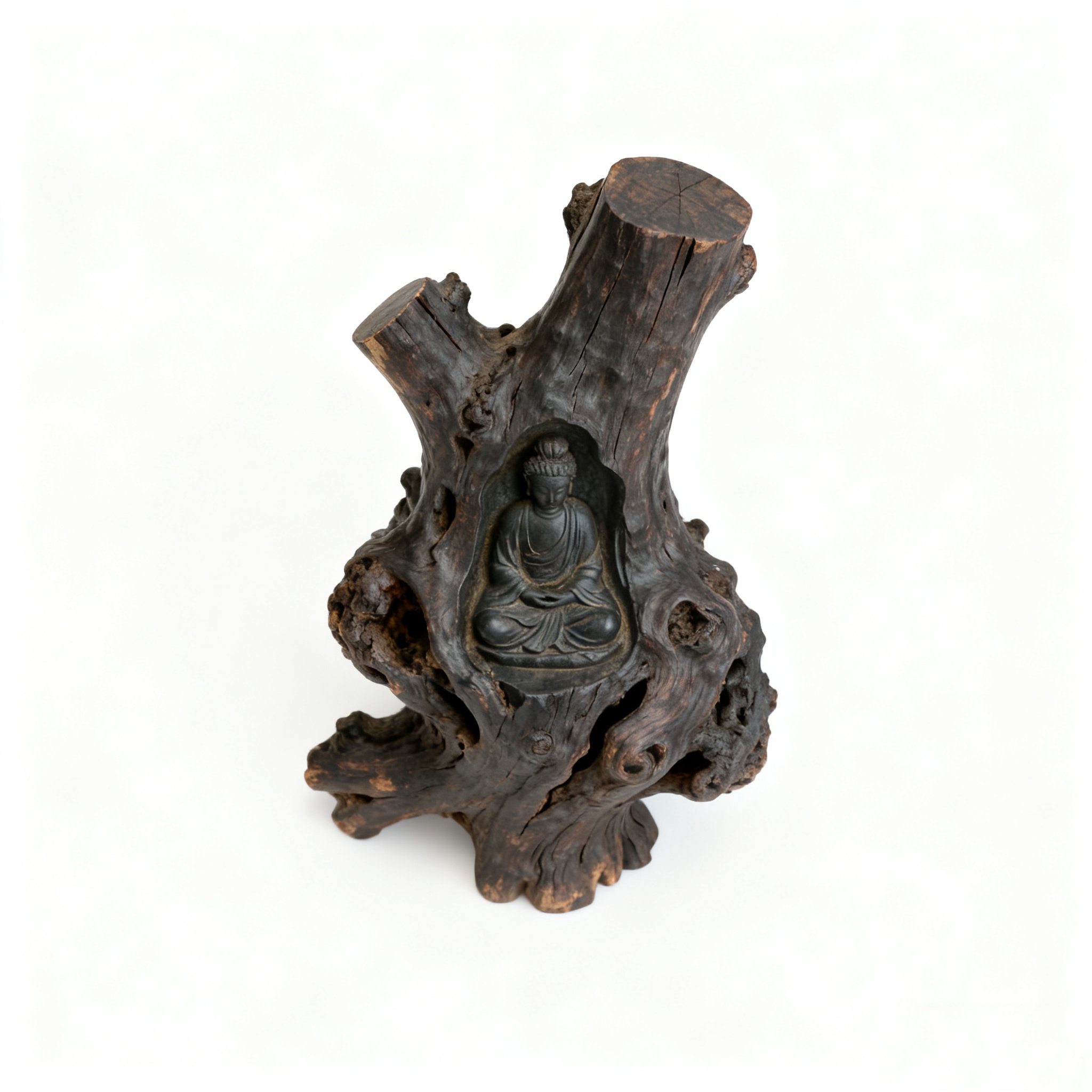 พระพุทธรูปไม้แกะสลักสไตล์เซนธรรมชาติบนโต๊ะตกแต่งบ้าน