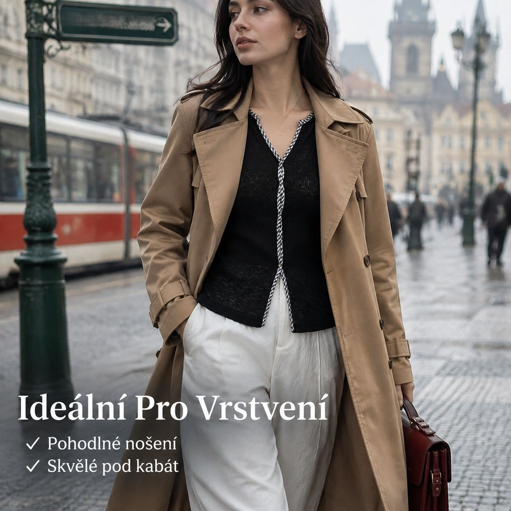 Dámské podzimní přiléhavé tričko s V výstřihem a kontrastními barvami