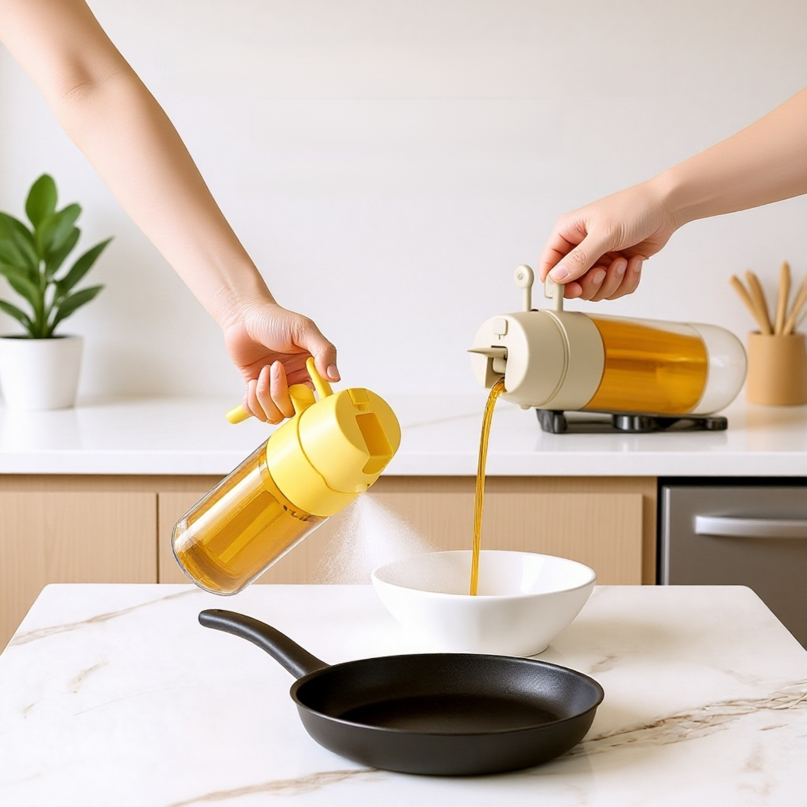 ワンプッシュで自動開閉・油が垂れないガラス製スプレーオイルボトル