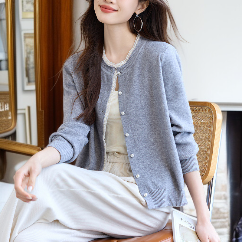 여성 그레이 니트 가디건 아우터 무드 상의 레이스 긴팔 니트